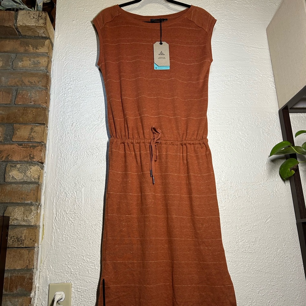 Prana Rust Orange Knit Midi Dress with Drawstring Waist